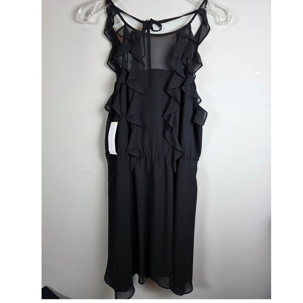 BCBGeneration Black Ruffle Sheer‎ Dress Size L LBD Ruffled Feminine Flirty Dress
